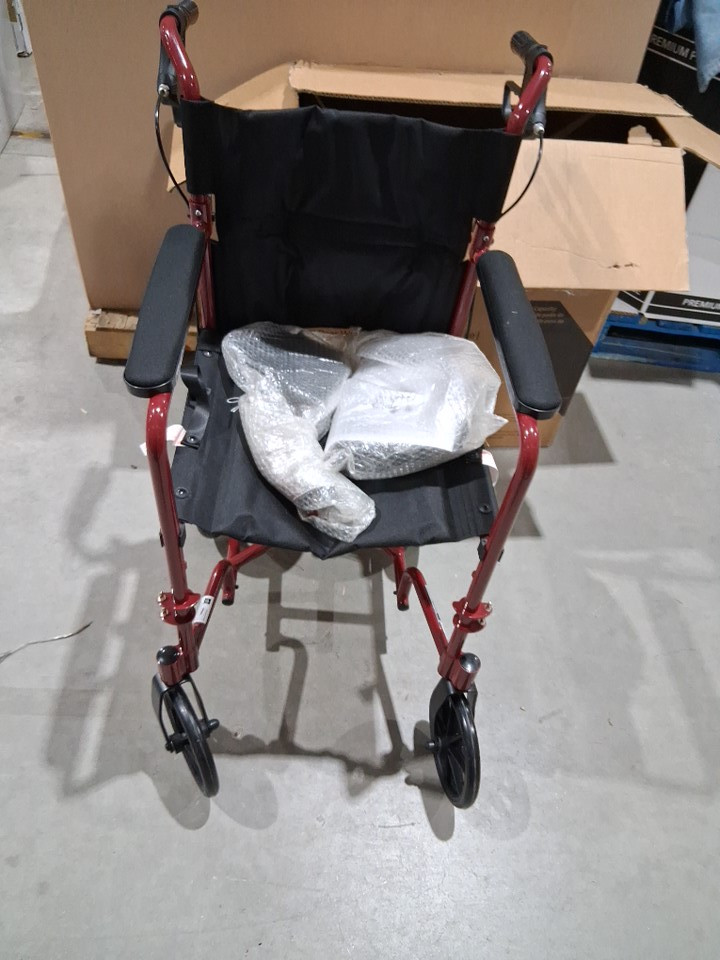 MEDLINE BASIC ALUMINUM TRANSPORT WHEELCHAIR 12" REAR WHEELS WITH BRAKES - 19"/300lbs cap - RED/black (MODEL: MDS808210ARE) image 3