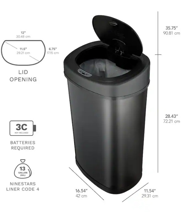 NINESTARS Oval Motion Sensor Trash Can - 50L - BLACK (MODEL-DZT-50-9BK) image 2