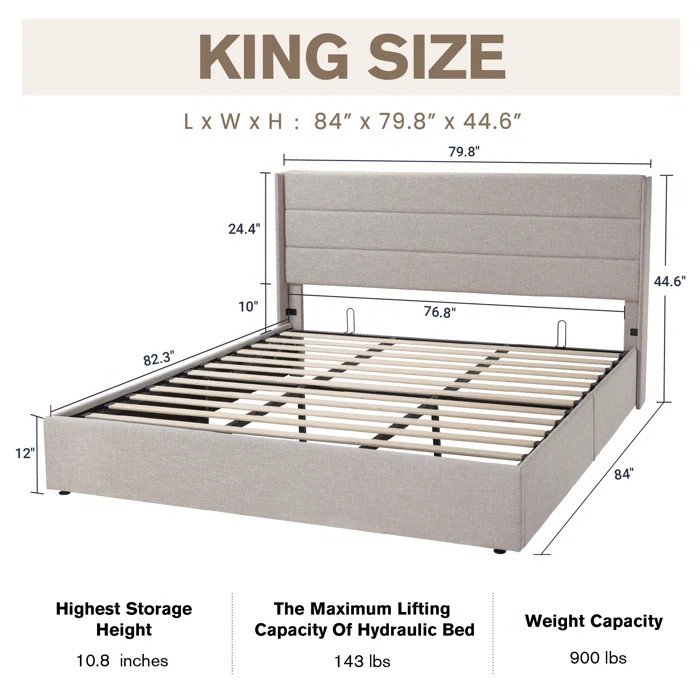 THE ART OF LIVING Braya Hydraulic Lift Up Storage Upholstered Platform Bed - king - grey (model: KBMV0006) image 2