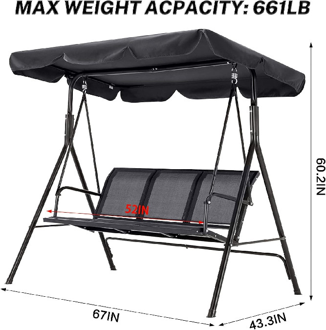 OKSTENCK 3 Seat Patio Swing Chair - 60" x 43.5" x 67"  - black/grey (model: pj70166) image 2