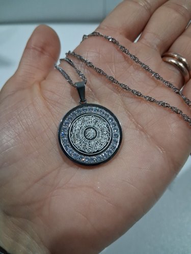 cubic zirconia engraved ayatol kursi "آية الكرسي" round pendant chain necklace for protection - 20" - 22"/2 mm width adjustable chain/ 1" pendant - silver image 3