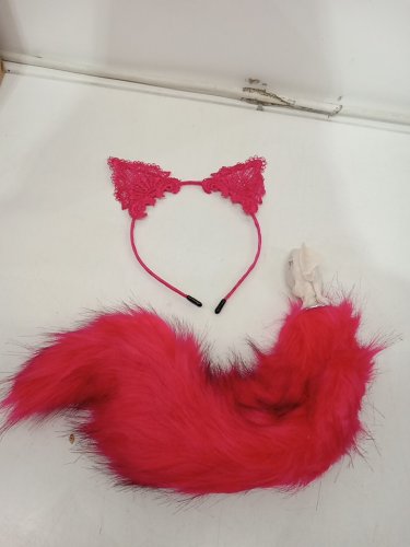 2PC Cat Ears and Small Stainless Steel Butt Plug Tail - Hot Pink Ears / Hot Pink Tail image 4