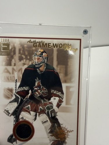 2004 EXHIBIT AUTHENTIC GAME WORN JERSEY PATCH SEAN BURKE PHOENIX COYOTES JUMBO CARD LIMITED EDITION 408/750 image 6