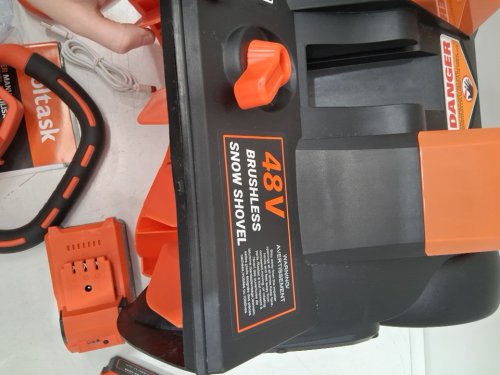 voltask cordless snow shovel with wheels 2 batteries and charger- 48V, 15.7"W x 8"D, 2 24V batteries, 4-ah- orange/black (model: ss-40a-x-az) image 4