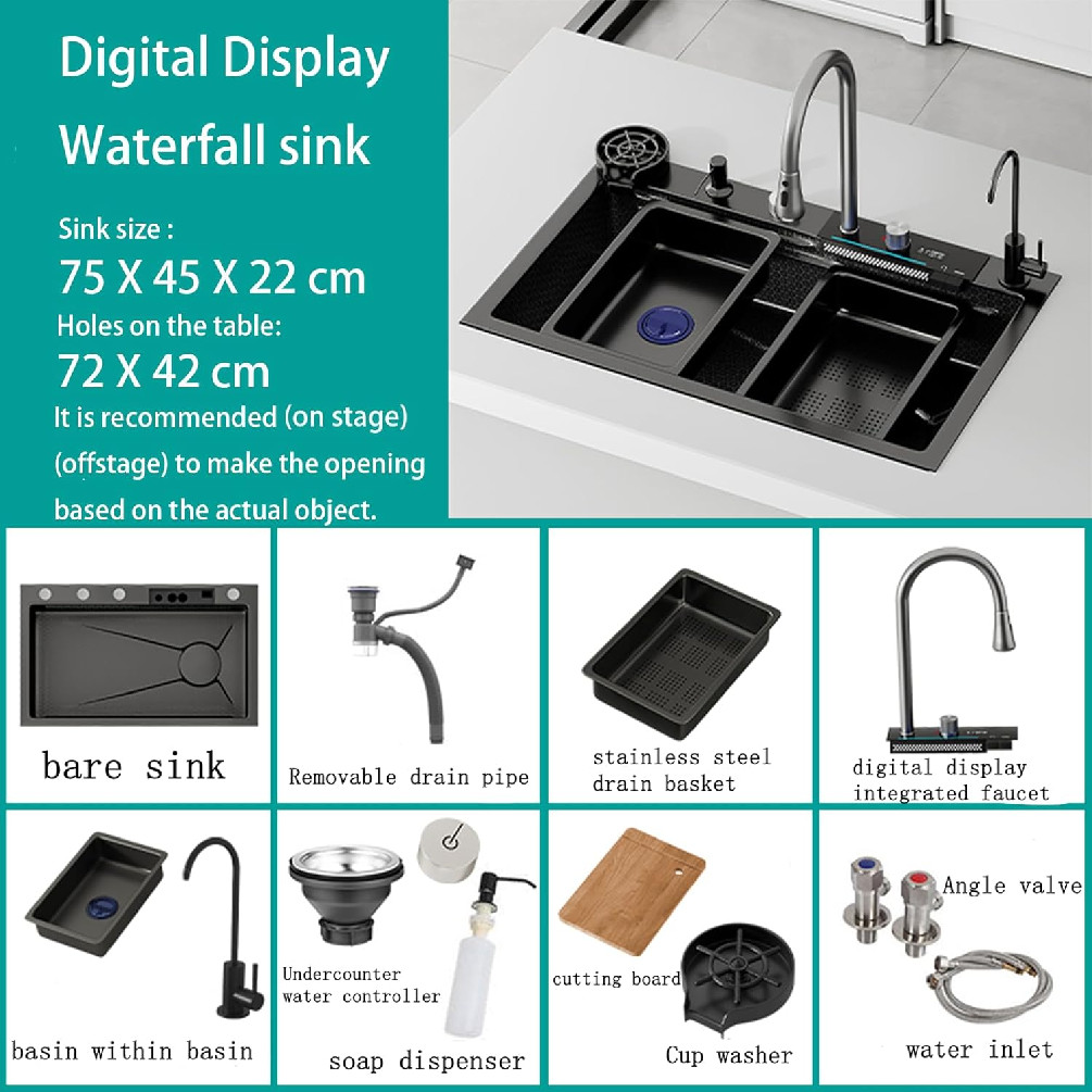 Nuojing Smart Kitchen Waterfall Sink With Nano Coating - 31.5" x 18" x 8'' - Dark Grey image 2