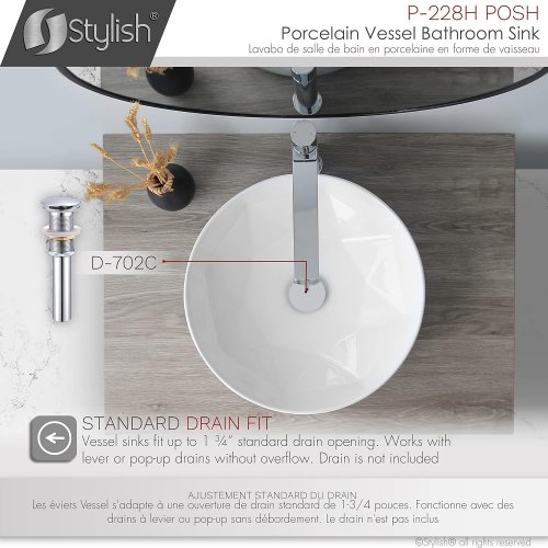 Stylish Porcelain Round over the counter Vessel Bathroom Sink with center drain - 16” - 5.5” depth - white porcelain (model: p-228h posh) image 4