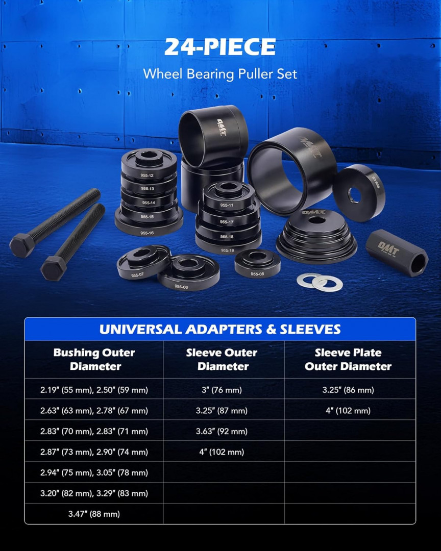 24pc Orion Motor Tech OMT Wheel Bearing Press Kit for Front Wheel Drive Bearing Removal & Installation - Wheel Bearing Puller Tool Set with Sliding Screws Universal Bushings Sleeves Storage Case - black/Blue (model: 0701BL) image 2