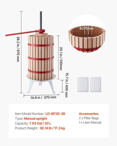Manual Fruit Wine Press - 38" - 7.9GAL - Brown/Red (Model: LD-BP30-3R) image 2