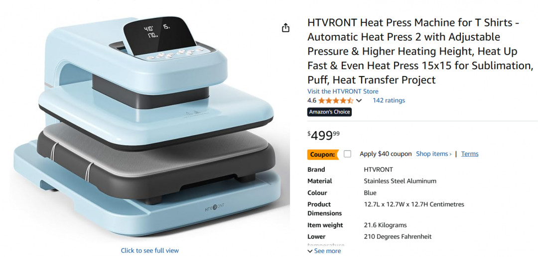 htvront auto heat press 2 - sublimation heat press machine for t shirts with adjustable pressure and fast, even heating - 15" x 15" - TEAL (model: HPA01) image 2
