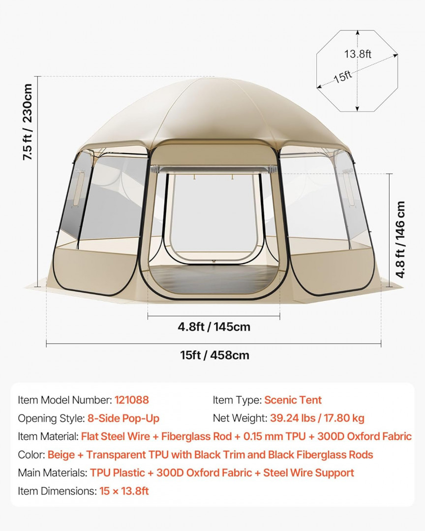 pop up bubble tent with waterproof top cover - 15ft x 7FT, fits up to 15 people - beige - (model: 121088) image 5