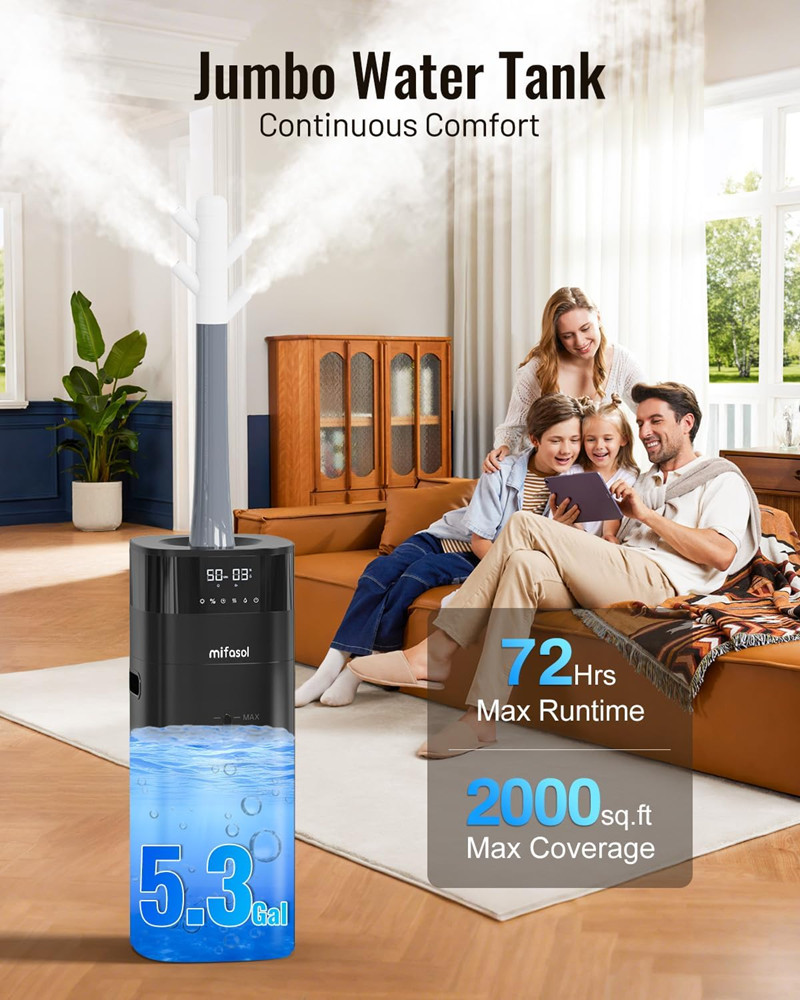 mifasol cool and Warm Mist Humidifier with Extended Mist Tube - 5.3 GAL/20L - 2000sq.ft - black (MODEL: mfs-mh-2301j) image 2