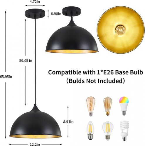 2pk MIAYBPH Dome Pendant Light Fixture - e26base blub - 12" - black/gold image 2