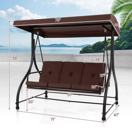 costway 3-person patio porch swing with adjustable canopy - 900lbs capacity - brown - (model: op3004bn) image 2