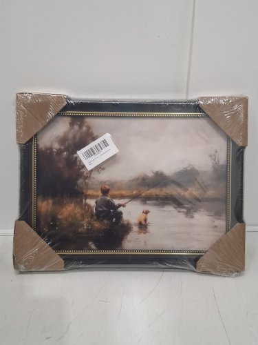 Framed Vintage Fishing Boy and puppy Canvas Wall Art - 11" x 9" image 2