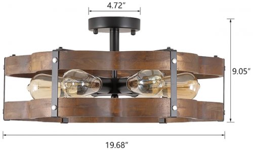 RKUCSR 6-Light Rustic Farmhouse Wood Flush Mount Ceiling Light Fixture - 20" - 60W 110-120V - BLACK/WOOD GRAIN (MODEL: R6803-6) image 2