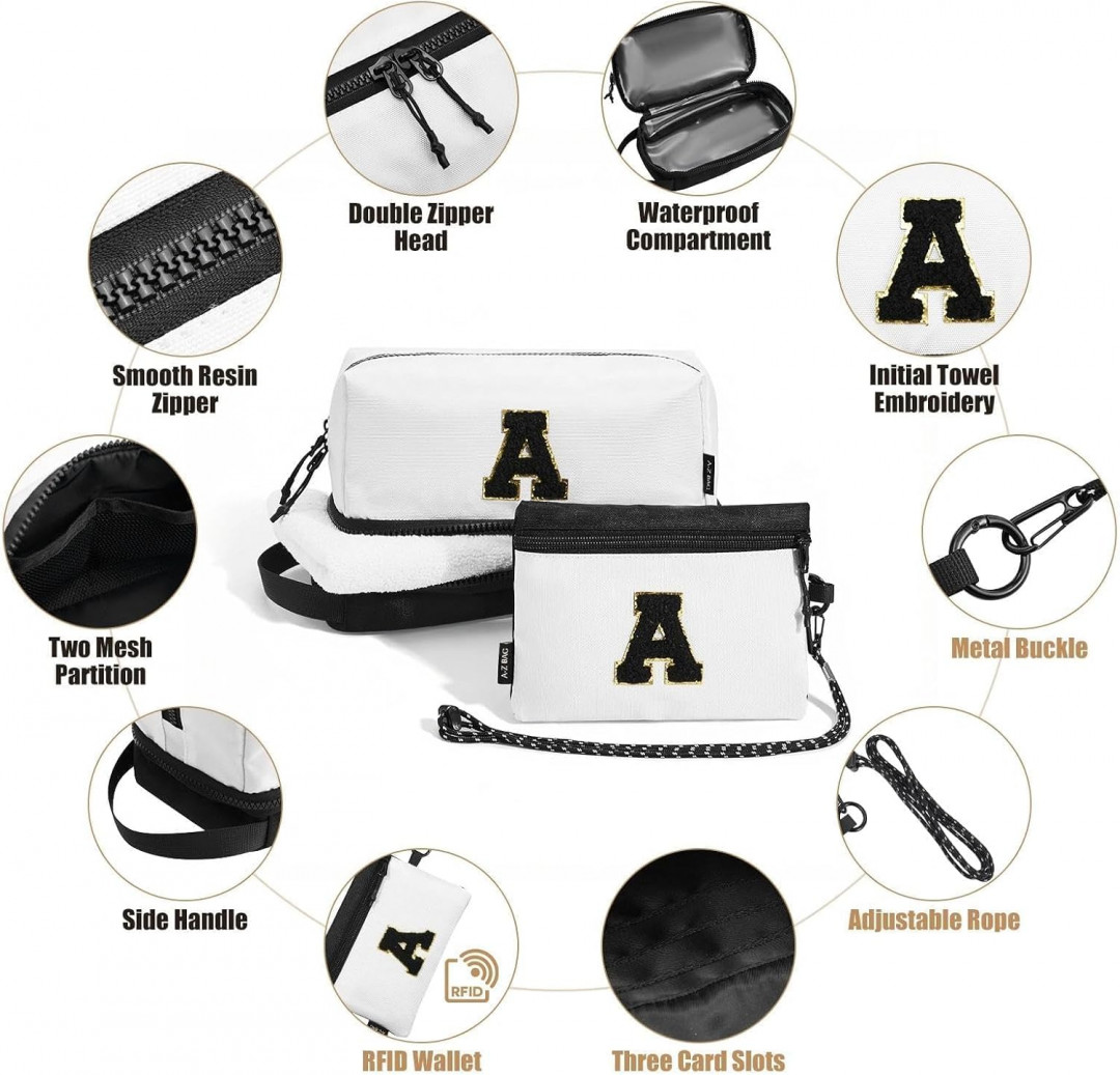 2pc A-Z BAG Travel Toiletry/MAKEUP bag With rfid - bold letter M - white/black image 2