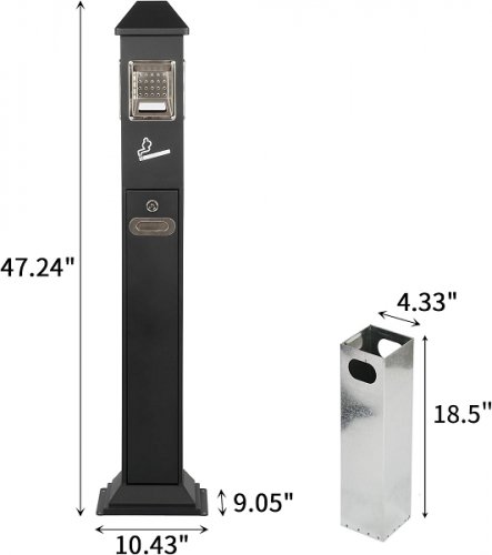 aiwfl outdoor vertical cigarette trash bin with removable inner bucket & lockable design - 47.24" x 10.43" x 9.05" - black (model: 06974351441093) image 2