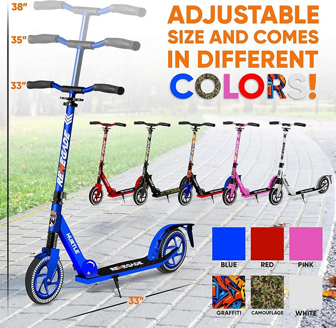 RENEGADE HURTLE SCOOTER FOR TEENAGERS/ADULTS, 2-WHEEL SCOOTER - 220LBS MAX - 33" x 33" - 38" - BLUE (MODEL: HURTSBU.5) image 2