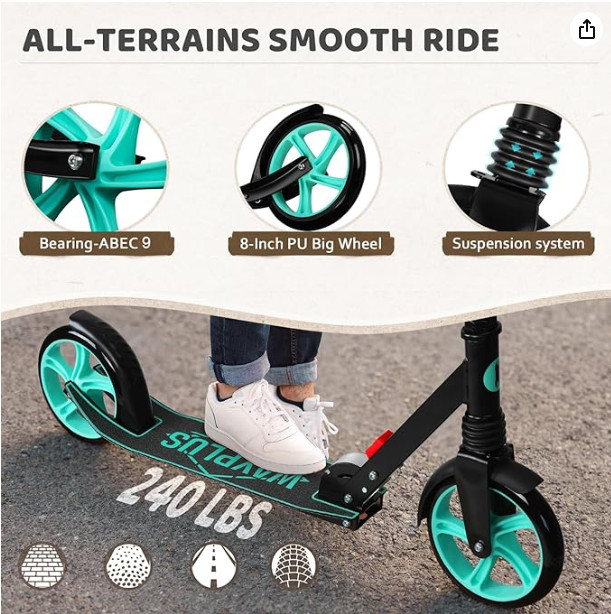 WAYPLUS Foldable, Lightweight Kick Scooter with 4 Adjustable Levels - UP TO 240LBS - AQUA - (MODEL: B09ZY6M8XH) image 2