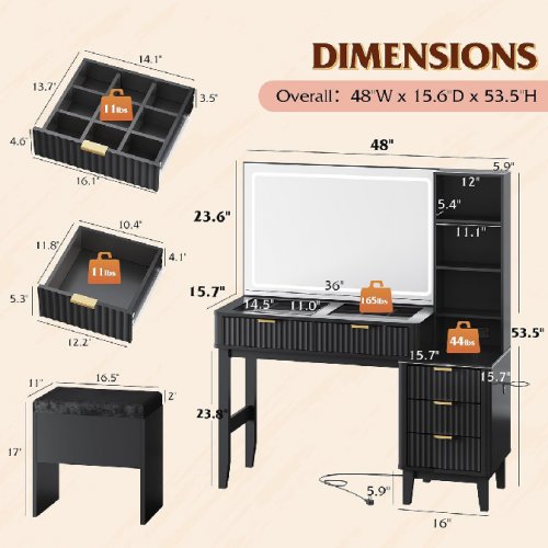 WLIVE Vanity Desk with Glass Top LED Mirror and Adjustable Lights - black (model:aszt021) image 2