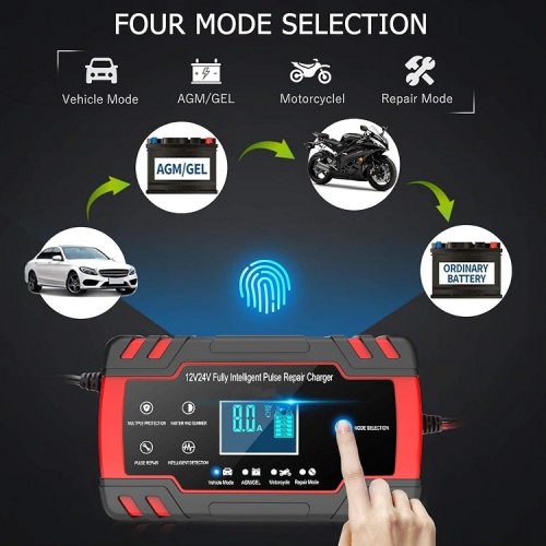 Portable Pulse Repair Battery Charger for Cars and Motorcycles with LCD Display - 12v 8A - 24V 4A - Red / Black image 2