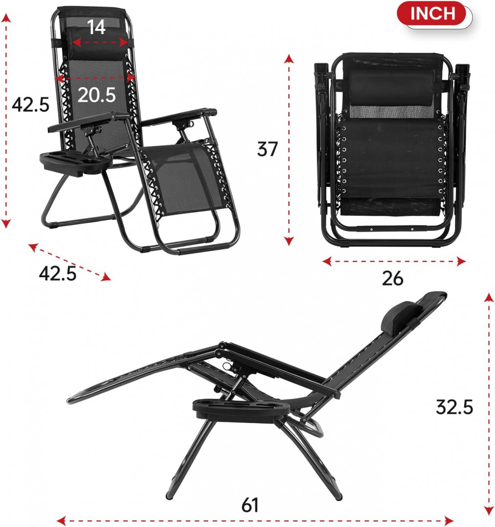2pk paylesshere adjustable zero gravity lounge chair with cupholder - 20" seat - black - (model: dc-h096-black) image 2