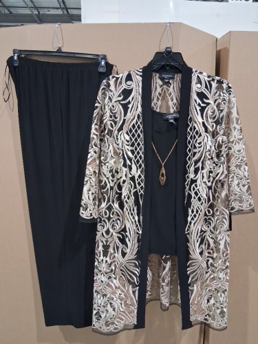 3PC R&M Richards Sequin Mother of the Bride Jacket Pant Suit set - Size 16W - Black/Gold (style:2779W) image 3