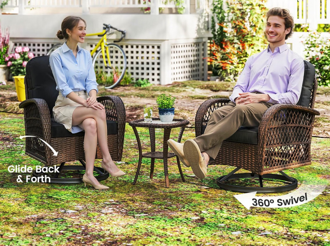 3PC Costway outdoor wicker patio swivel gliding armchairs AND TABLE set - 400lbs cap - black/brown (model: HW75079DK) image 2