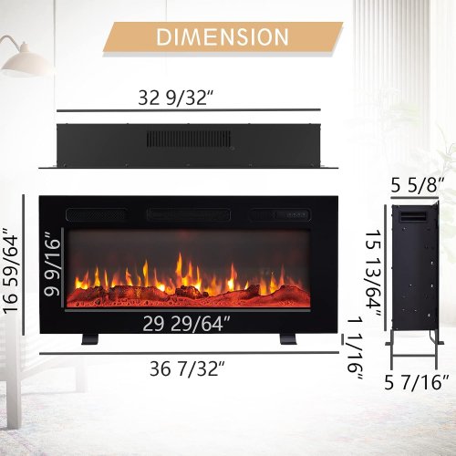 efiretric electric fireplace heater with multicolored flame, freestanding or wall mount/recessed - 36" x 17", 1500W - black - (model: dc0002hs36a) image 2