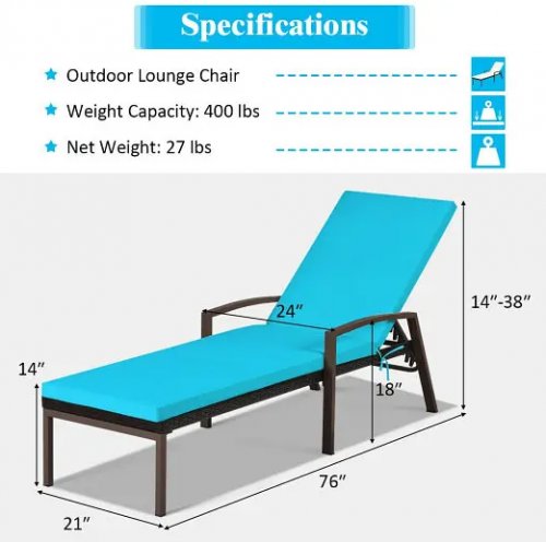 2pk costway Patio Rattan Adjustable Back Lounge Chair with Armrest and Removable Cushions - 400lbs capacity - turquoise (model:op70262tu-wh) image 2