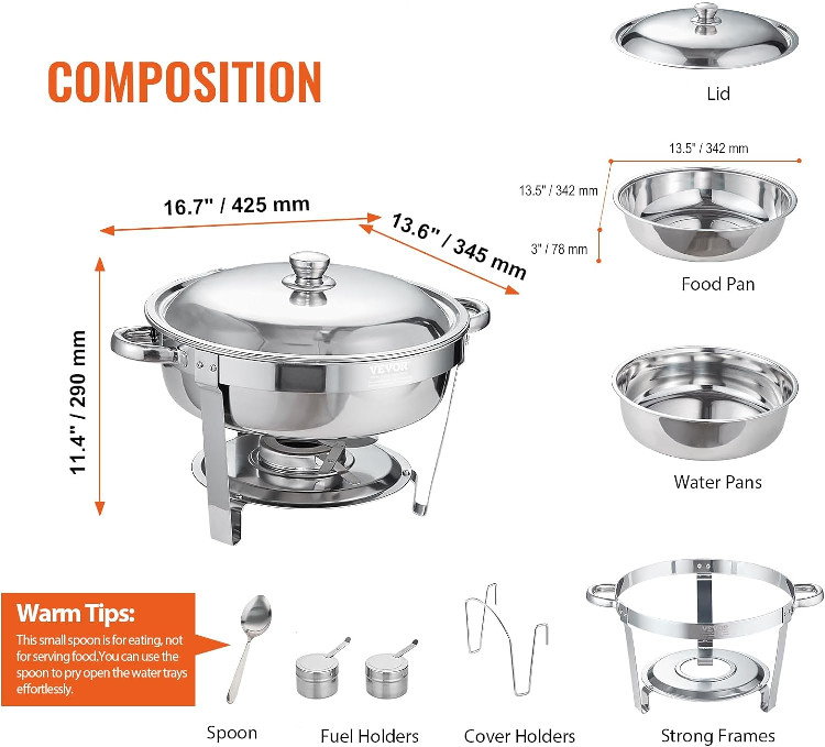 2PK VEVOR Round Stainless Steel Chafing Buffet Dish Set - 4QT - SILVER (MODEL: DT-C1036) image 2