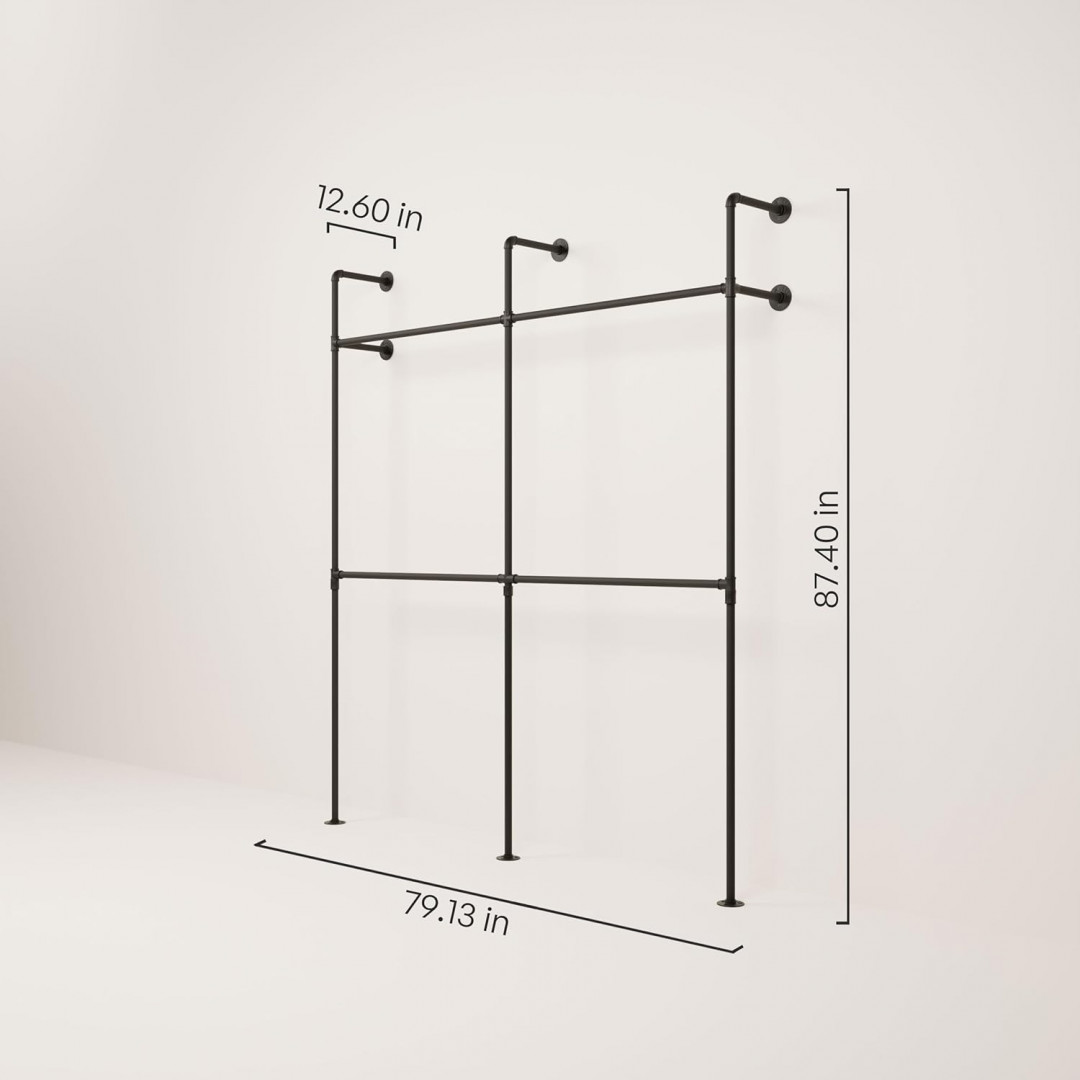 pamo KIM II DOUBLE Metal wall mounted Industrial pipe Clothing Rack - 360 kg capacity - height: 87.5" - black (Model: P-01-013) image 2