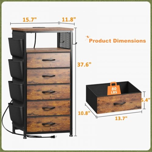 Snhomee Tall 5 Drawer Nightstand with Charging Station - 37.6" x 15.7" x 11.8" - Brown (Model: 55SCNT5DBR) image 2