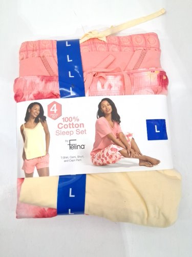4pc women's Felina Cotton PJ Sleep Set with Tee, Tank, Short, and Pant - large - yellow/pink (style: c8242) image 2