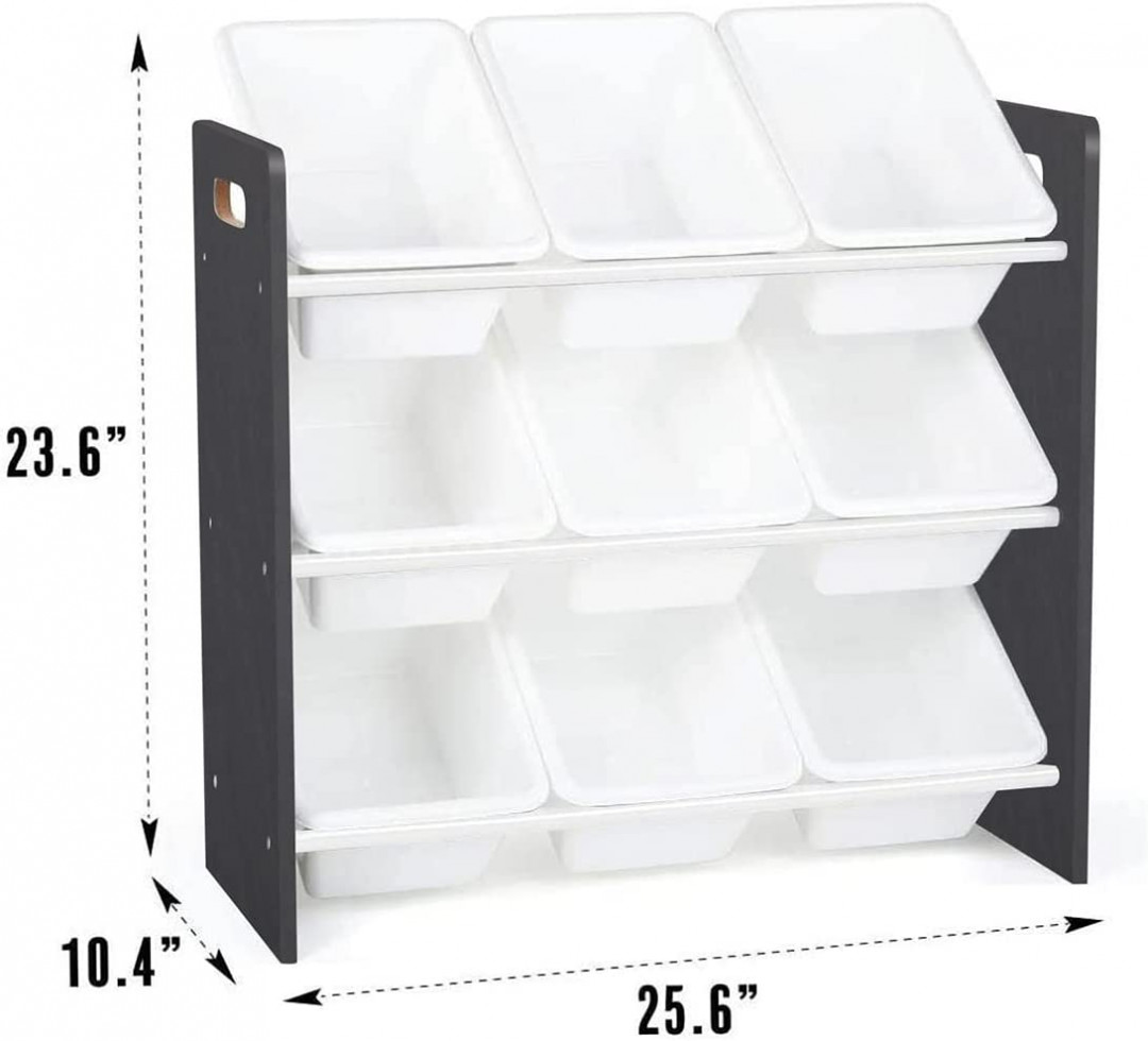 LENNOX HOME FURNITURE 3-TIER TOY STORAGE ORGANIZER WITH 9 PLASTIC WHITE BINS - ESPRESSO (MODEL: JWTR-3006) image 2