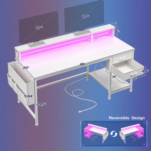 Computer Desk With LED lights, side pouch, Monitor Stand and Power Outlet - 48" - white (model: 55sccksr2d120wpvcmjq) image 2