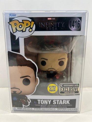 Funko pop! **glows in the dark**earth exclusive** marvel studios the infinity saga - tony stark bobble head (#1416) **plastic protector cover** image 3