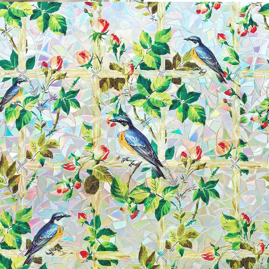 COAVAS NO GLUE PRIVACY UV BLOCKING WINDOW FILM - 35.4" X 78.7"/~6.5FT X ~3FT - BIRDS/LEAVES RAINBOW image 2