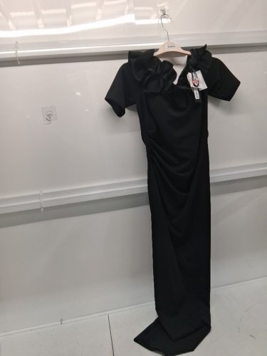 WOMEN'S Xscape Ruffled Off-the-Shoulder Short Sleeve Crepe Sheath Gown - 16- BLACK (STYLE:3856X) image 4
