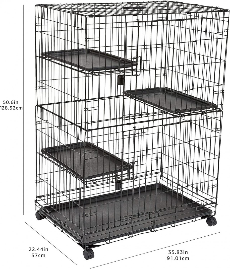 AMAZONBASICS 3-tier LARGE folding metal CAT/pet CAGE PLAYPEN with 2 doors & wheels - BLACK (MODEL: 9050) image 2