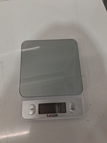 taylor black glass digital kitchen scale, 11lb/5kg capacity, stain resistant, white (model: 5280385). image 3