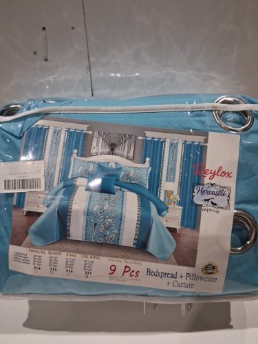9pc REYLOX VINTAGE bedspread, pillowcase and curtain bedroom set - CAL king - royal blue image 4