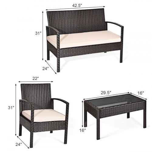 4PC Costway outdoor Patio Rattan Furniture Set - 2 chairs, couch, and glass table - Beige/brown - (Model: HW68722) image 2