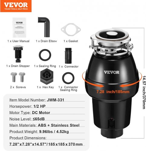 VEVOR Corded Garbage Disposal 1 HP Continuous Food Waste Disposer - 3270 RPM - black (MODEL: JW-731) image 2
