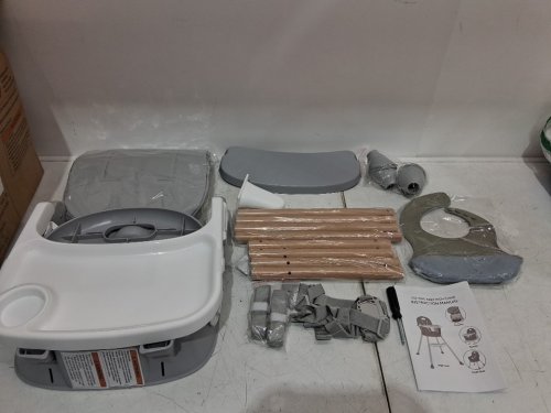 Zebrater portable foldable baby highchair/dining seat with 5-point harness, adjustable food tray, footrest & bibs - 40lbs capacity - white/grey/natural wood (model: ha-036s) image 5