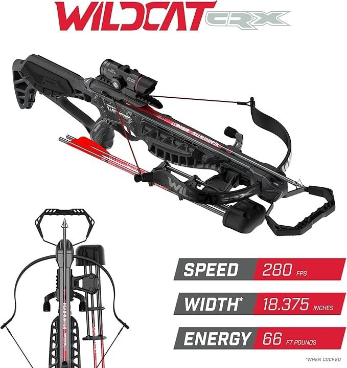 BARNETT wildcat crx lightweight tatical recurve crossbow with red/green 3 dot scope, Quick Detach Quiver & 2 headhunter bolts - 280 fps - 66lbs - black/red (model: bar78232) image 3
