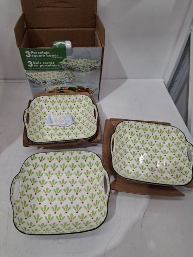 3pk square porcelain bowls with handles - 8.6" x 7.7" x 2.7" - white/multicolored - (model: 179606) image 2