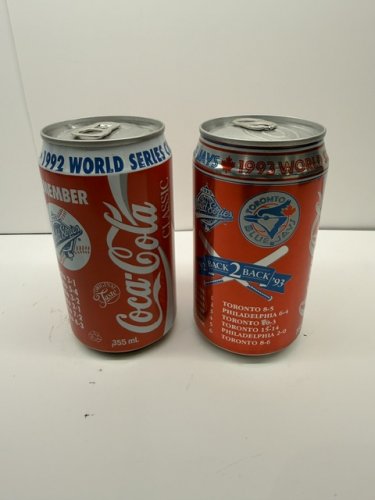 2 COLLECTIBLE 1992 AND 1993 POP CANS FROM THE WORLD SERIES BLUE JAYS image 2