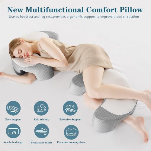 EUHAMS Ergonomic Memory Foam Side Sleeper Pillow with removable/washable cover - GREY/WHITE (MODEL: P253) image 2