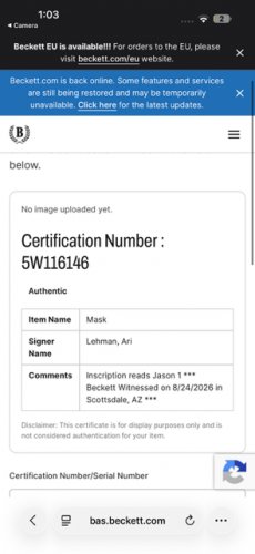 SIGNED ARI LEHAMN JASON MASK -BLACK/RED WITH COA HOLOGRAM FROM BECKETT WITNESS image 2
